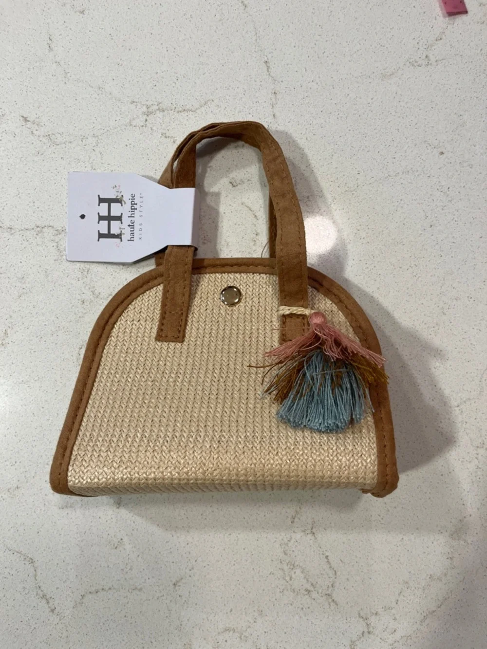 Haute Hippie Straw Mini Tote with Tan Trim and Blue Pink Tassel